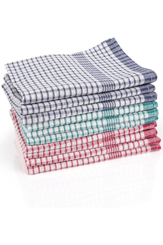 Rice Weave Tea Towel Pack of 10 in assorted check patterns with high absorbency.