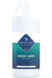 Antimicrobial patient wipes by Serenity Hygiene with skin-safe solution.