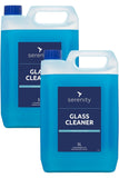 Glass & Mirror Cleaner bottles with blue liquid, 5L size, by Serenity.