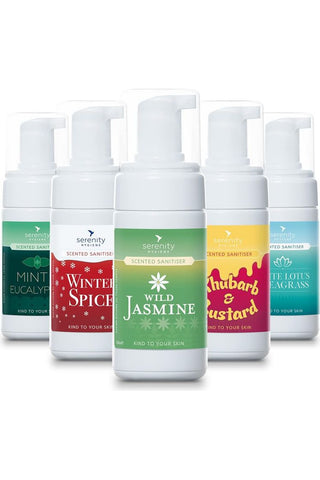 Scented Hand Foam Sanitiser Multi Pack with five refillable bottles in various scents, including Wild Jasmine and Winter Spice.