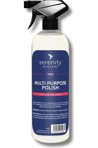 Multipurpose Polish spray bottle with black trigger, labeled for use on most surfaces.