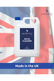 Patio & Decking Cleaner by Serenity on a background of a British flag, labeled "Made in the UK."