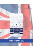 Unscented Hand Foam Sanitiser bottles in front of UK flag, made in the UK.