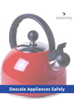 Red kettle illustrating environmentally friendly descaler use for removing limescale from appliances.