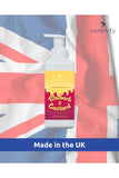 Rhubarb and Custard Hand Foam Sanitiser with UK flag background.