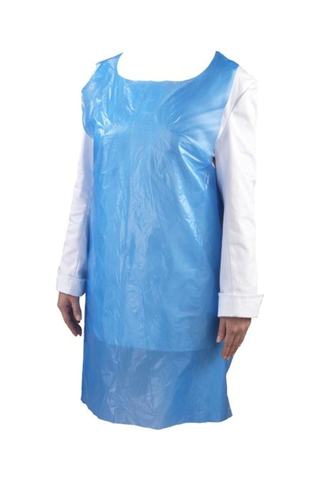 Blue disposable apron worn by person, suitable for medical use, pack of 100.