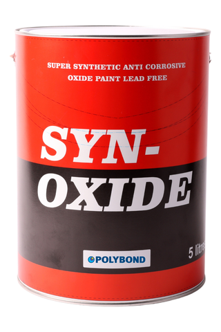 Polybond Syn Oxide Synthetic Anti Corrosive Paint can, 5 liters, red and black label, lead-free.