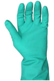 Heavy duty rubber gloves for professional use, green, flock-lined, pack of 12, suitable for commercial kitchens.