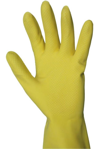 Yellow heavy duty rubber glove for commercial use, latex-free, flock-lined, color-coded, ideal for kitchens, sold in packs of 12.